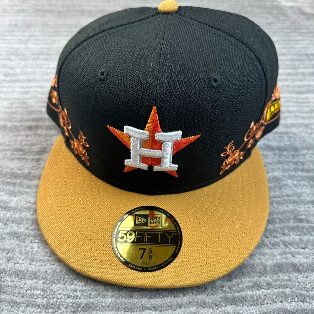 Houston Astros Hat Cap Mens Fitted 7 5/8 Black Floral Vine New Era Two Tone